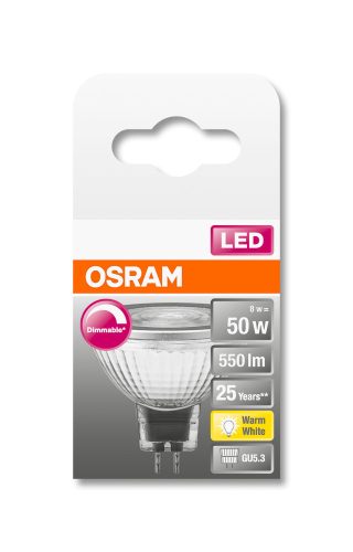OSRAM Superstar dimmelhető LED MR16 spot, üveg ház, 7,8W 621lm 2700K GU5.3, átlagos élettartam: 25000 óra, fényszín: meleg fehér LED SST MR16 DIM 50 36° 7.8W 2700K GU5.3 ( 4058075433724 )