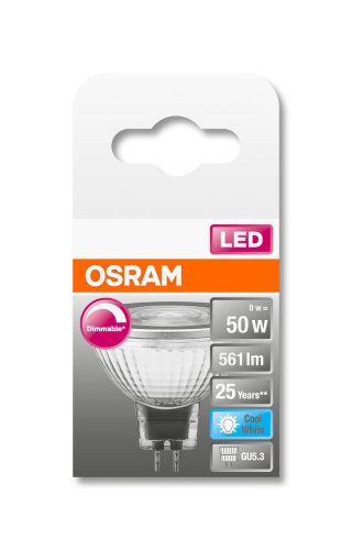 OSRAM Superstar dimmelhető LED MR16 spot, üveg ház, 7,8W 621lm 4000K GU5.3, átlagos élettartam: 25000 óra, fényszín: hideg fehér LED SST MR16 DIM 50 36° 7.8W 4000K GU5.3 ( 4058075433748 )