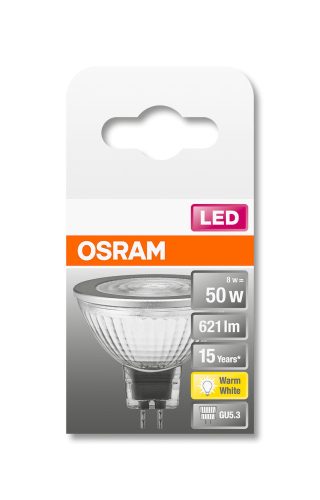 OSRAM Star LED MR16 spot, üveg ház, 7,2W 621lm 2700K GU5.3, átlagos élettartam: 15000 óra, fényszín: meleg fehér LED ST MR16 50 36° 7.2W 2700K GU5.3 ( 4058075433762 )
