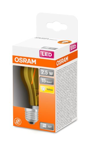 OSRAM Star színes LED körte, sárga, üveg búra, 2,5W 235lm 2200K E27, átlagos élettartam: 15000 óra, fényszín: sárga LED STAR+ DECO CL A 15 300° 2.5W 2200K E27 YELLOW ( 4058075433922 )