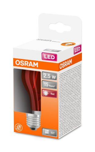 OSRAM Star színes LED körte, piros, üveg búra, 2,5W 45lm 3000K E27, átlagos élettartam: 15000 óra, fényszín: piros LED STAR+ DECO CL A 15 300° 2.5W 3000K E27 RED ( 4058075433946 )
