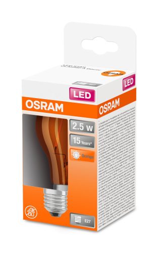 OSRAM Star színes LED körte, narancs, üveg búra, 2,5W 160lm 1500K E27, átlagos élettartam: 15000 óra, fényszín: narancs LED STAR+ DECO CL A 15 300° 2.5W 1500K E27 ORANGE ( 4058075433960 )