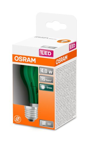 OSRAM Star színes LED körte, zöld, üveg búra, 2,5W 45lm 7500K E27, átlagos élettartam: 15000 óra, fényszín: zöld LED STAR+ DECO CL A 15 300° 2.5W 7500K E27 GREEN ( 4058075433984 )