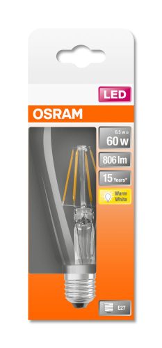 OSRAM Star LED Edison körte, átlátszó üveg búra, 7W 806lm 2700K E27, átlagos élettartam: 15000 óra, fényszín: meleg fehér LED ST CL EDISON 60 FIL 7W 2700K E27 ( 4058075434400 )