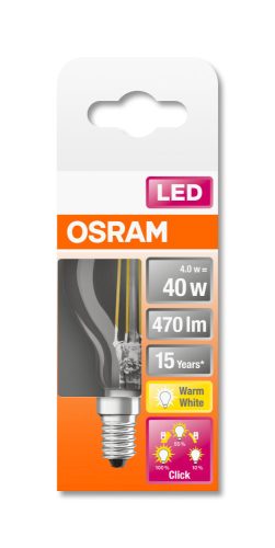 OSRAM Star+ 3 fokozatban dimmelhető LED kisgömb, üveg búra, 4W 470lm 2700K E14, átlagos élettartam: 15000 óra, fényszín: meleg fehér LED STAR+ 3STEP DIM CL P 40 FIL 4W 2700K E14 ( 4058075434448 )