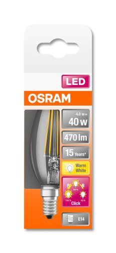 OSRAM Star+ 3 fokozatban dimmelhető LED gyertya, üveg búra, 4W 470lm 2700K E14, átlagos élettartam: 20000 óra, fényszín: meleg fehér LED STAR+ 3STEP DIM CL B 40 FIL 4W 2700K E14 ( 4058075434462 )