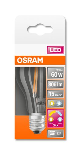 OSRAM Star+ Active&Relax LED körte, átlátszó üveg búra, 7W 806lm 2700K E27, átlagos élettartam: 15000 óra, fényszín: meleg és hideg fehér LED STAR+ R&A CL A 60 FIL 7W 2700K E27 ( 4058075434820 )