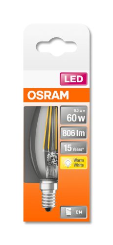 OSRAM Star LED gyertya, átlátszó üveg búra, 6,5W 806lm 2700K E14, átlagos élettartam: 15000 óra, fényszín: meleg fehér LED ST CL B 60 FIL 6.5W 2700K E14 ( 4058075434981 )