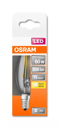 OSRAM Star LED gyertya izzó, átlátszó üveg búra, E14 foglalat, 6,5W, 2700K, 806lm, meleg fehér