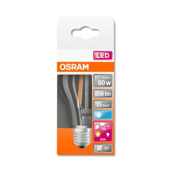 OSRAM Star+ fényérzékelős LED izzó körte forma, E27 foglalat, 6,5W, 4000K, 806lm, hideg fehér