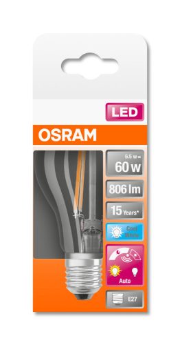 OSRAM Star+ fényérzékelős LED körte, átlátszó üveg búra, 6,5W 806lm 4000K E27, átlagos élettartam: 15000 óra, fényszín: hideg fehér LED STAR+ DAYLIGHT SENSOR CL A 60 FIL 6.5W 4000K E27 ( 4058075435100 )