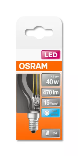 OSRAM Star LED kisgömb izzó, átlátszó üveg búra, E14 foglalat, 4W, 4000K, 470lm, hideg fehér