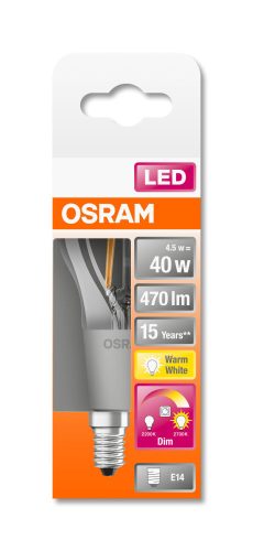 OSRAM Star+ GLOWdim LED kisgömb, átlátszó üveg búra, 4,5W 470lm 2700K E14, átlagos élettartam: 15000 óra, fényszín: állítható meleg fehér LED STAR+ GLOWdim CL P 40 FIL 4.5W 2700K E14 ( 4058075435476 )