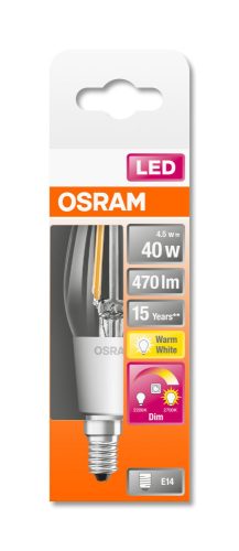 OSRAM Star+ GLOWdim LED gyertya, átlátszó üveg búra, 4,5W 470lm 2700K E14, átlagos élettartam: 15000 óra, fényszín: állítható meleg fehér LED STAR+ GLOWdim CL B 40 FIL 4.5W 2700K E14 ( 4058075435490 )