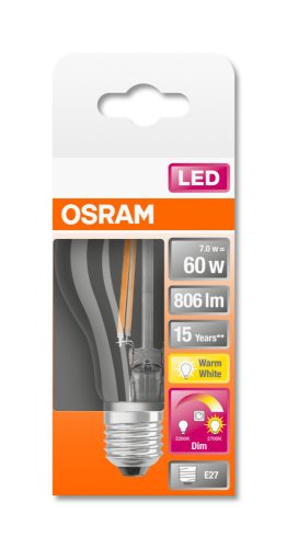 OSRAM Star+ GLOWdim LED körte, átlátszó üveg búra, 7W 806lm 2700K E27, átlagos élettartam: 15000 óra, fényszín: állítható meleg fehér LED STAR+ GLOWdim CL A 60 FIL 7W 2700K E27 ( 4058075435537 )