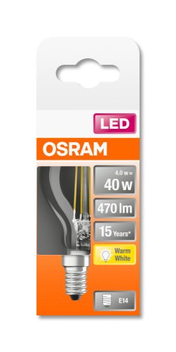 OSRAM Star LED kisgömb, átlátszó üveg búra, 4W 470lm 2700K E14, átlagos élettartam: 15000 óra, fényszín: meleg fehér LED ST CL P 40 FIL 4W 2700K E14 ( 4058075436527 )