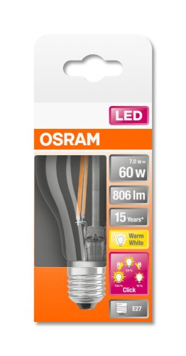OSRAM Star+ 3 fokozatban dimmelhető LED körte, üveg búra, 6,5W 806lm 2700K E27, átlagos élettartam: 15000 óra, fényszín: meleg fehér LED STAR+ 3STEP DIM CL A 60 FIL 6.5W 2700K E27 ( 4058075436787 )