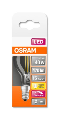 OSRAM Superstar dimmelhető LED kisgömb, átlátszó üveg búra, 4,5W 470lm 2700K E14, átlagos élettartam: 15000 óra, fényszín: meleg fehér LED SST CL P DIM 40 FIL 4.5W 2700K E14 ( 4058075437029 )