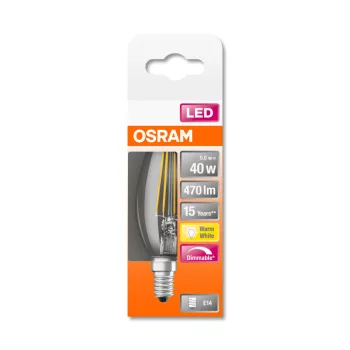 OSRAM Superstar LED gyertya izzó, átlátszó üveg búra, E14 foglalat, 4,8W, 2700K, 470lm, meleg fehér