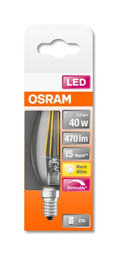OSRAM Superstar dimmelhető LED gyertya, átlátszó üveg búra, 4,5W 470lm 2700K E14, átlagos élettartam: 15000 óra, fényszín: meleg fehér LED SST CL B DIM 40 FIL 4.5W 2700K E14 ( 4058075437043 )