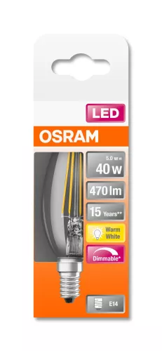 OSRAM Superstar LED gyertya izzó, átlátszó üveg búra, E14 foglalat, 4,8W, 2700K, 470lm, meleg fehér