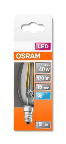 OSRAM Star LED gyertya, átlátszó üveg búra, 4W 470lm 4000K E14, átlagos élettartam: 15000 óra, fényszín: hideg fehér LED ST CL B 40 FIL 4W 4000K E14 ( 4058075437142 )