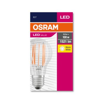 OSRAM Value LED izzó, körte forma, átlátszó üveg búra, E27 foglalat, 11W, 2700K, 1521lm, meleg fehér