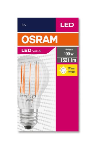 OSRAM Value LED körte, átlátszó üveg búra, 11W 1521lm 2700K E27, átlagos élettartam: 10000 óra, fényszín: meleg fehér LED VALUE CL A 100 FIL 11W 2700K E27 ( 4058075438514 )