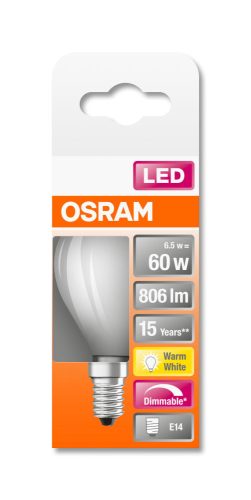 OSRAM Superstar dimmelhető LED kisgömb, matt üveg búra, 6,5W 806lm 2700K E14, átlagos élettartam: 15000 óra, fényszín: meleg fehér LED SST CL P DIM 60 GL FR 6.5W 2700K E14 ( 4058075447837 )