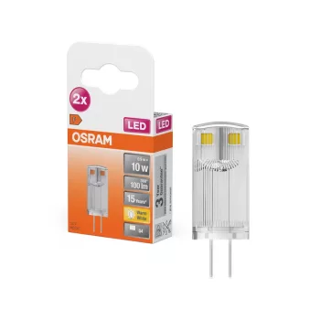 OSRAM LED izzó, kapszula forma, átlátszó üveg búra, G4 foglalat, 0,9W, 100lm, 2700K meleg fehér 2db