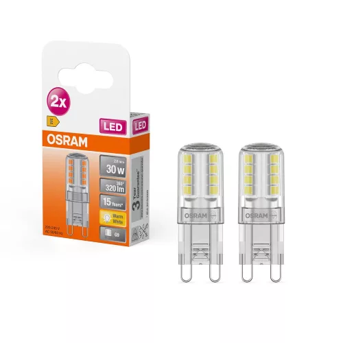 OSRAM LED kapszula izzó, átlátszó üveg, G9 foglalat, 2,6W, 2700K, 320lm, meleg fehér, 2 db csomag