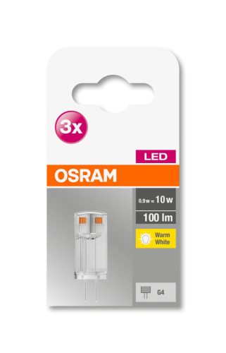 OSRAM Base 12V LED kapszula, plasztik ház, 0,9W 100lm 2700K G4 − 3 db-os szett, átlagos élettartam: 10000 óra, fényszín: meleg fehér LED BASE PIN 12V 10 CL 0.9W 2700K G4 x3 ( 4058075449985 )