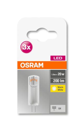OSRAM Base 12V LED kapszula, plasztik ház, 1,8W 200lm 2700K G4 − 3 db-os szett, átlagos élettartam: 10000 óra, fényszín: meleg fehér LED BASE PIN 12V 20 CL 1.8W 2700K G4 x3 ( 4058075450011 )