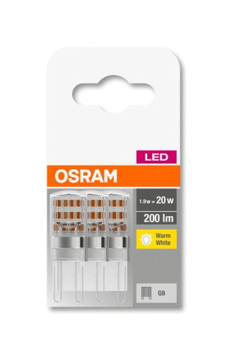OSRAM Base 230V LED kapszula, plasztik ház, 1,9W 200lm 2700K G9 − 3 db-os szett, átlagos élettartam: 10000 óra, fényszín: meleg fehér LED BASE PIN 230V 20 CL 1.9W 2700K G9 x3 ( 4058075450042 )