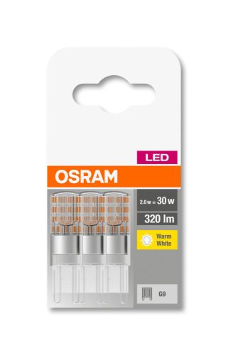 OSRAM Base 230V LED kapszula, plasztik ház, 2,6W 320lm 2700K G9 − 3 db-os szett, átlagos élettartam: 10000 óra, fényszín: meleg fehér LED BASE PIN 230V 30 CL 2.6W 2700K G9 x3 ( 4058075450073 )
