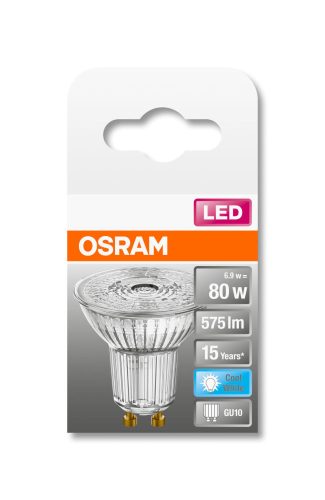 OSRAM Star 230V LED PAR16 spot, üveg ház, 6,9W 575lm 4000K GU10, átlagos élettartam: 15000 óra, fényszín: hideg fehér LED ST PAR16 80 36° 6.9W 4000K GU10 ( 4058075453647 )