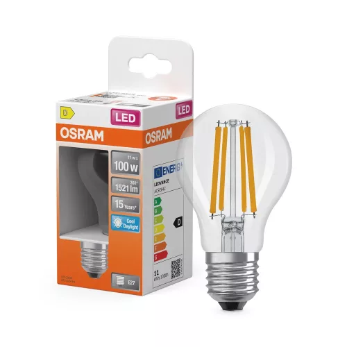 OSRAM Star LED classic izzó, átlátszó üveg búra, E27 foglalat, 11W, 1521lm, 6500K hideg fehér fény