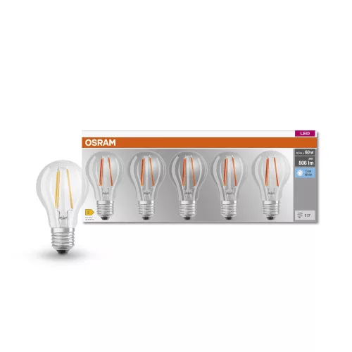 OSRAM Base LED izzó, classic forma, üveg búra, E27 foglalat, 7W, 806lm, 4000K semleges fehér 5db