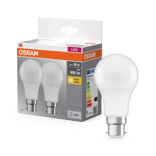 OSRAM Base LED izzó, matt plasztik búra, B22d foglalat, 8W, 806lm, 2700K meleg fehér 2db