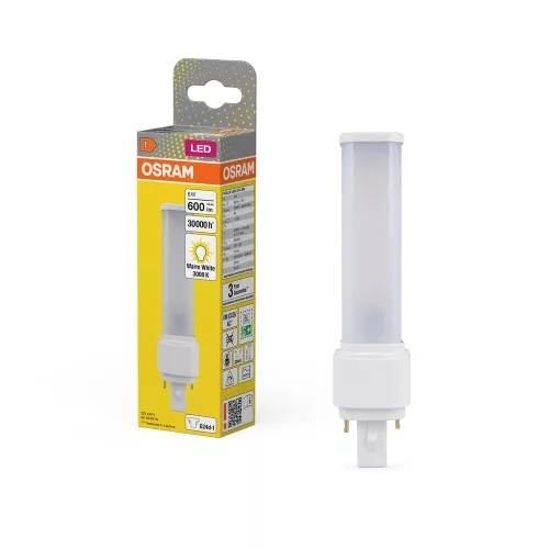 OSRAM Dulux D kompakt fénycső, matt plasztik búra, G24d foglalat, 6W, 3000K, 600lm, meleg fehér