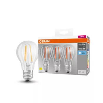 OSRAM Base LED izzó, classic forma, üveg búra, E27 foglalat, 7,5W, 1055lm, 4000K semleges fehér 3db