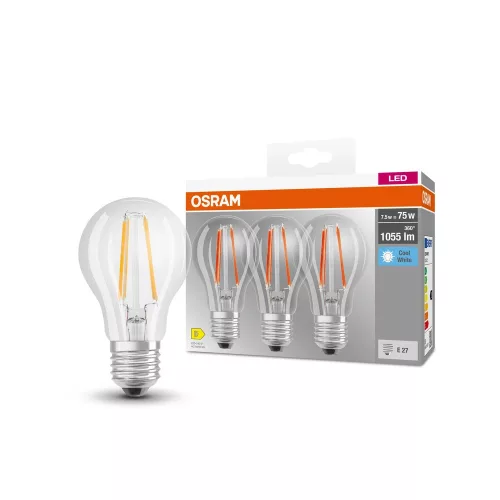 OSRAM Base LED izzó, classic forma, üveg búra, E27 foglalat, 7,5W, 1055lm, 4000K semleges fehér 3db