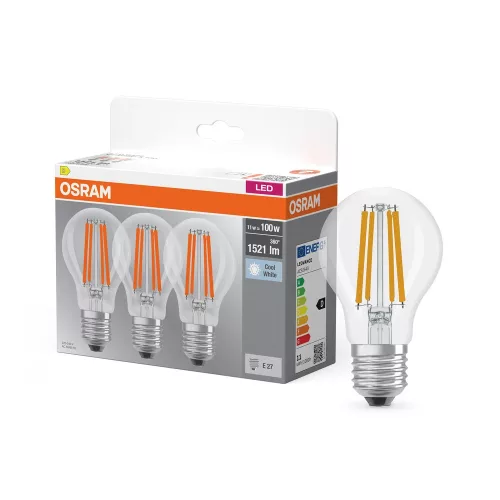 OSRAM Base LED izzó, classic forma, üveg búra, E27 foglalat, 11W, 1521lm, 4000K semleges fehér 3db