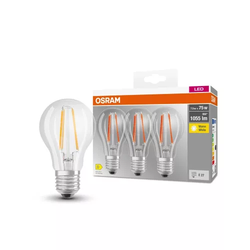 OSRAM Base LED izzó, classic forma, üveg búra, E27 foglalat, 7,5W, 1055lm, 2700K meleg fehér 3db