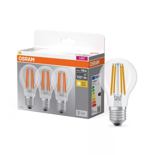 OSRAM Base LED izzó, classic forma, üveg búra, E27 foglalat, 11W, 1521lm, 2700K meleg fehér 3db