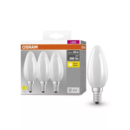 OSRAM Base LED gyertya izzó, matt búra, E14 foglalat, 5,9W, 806lm, 2700K meleg fehér, 3db csomag