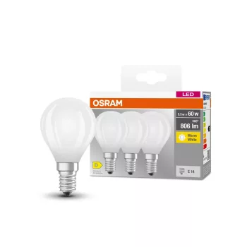 OSRAM Base LED izzó kisgömb forma, matt búra, E14 foglalat, 5,9W, 806lm, 2700K meleg fehér 3db