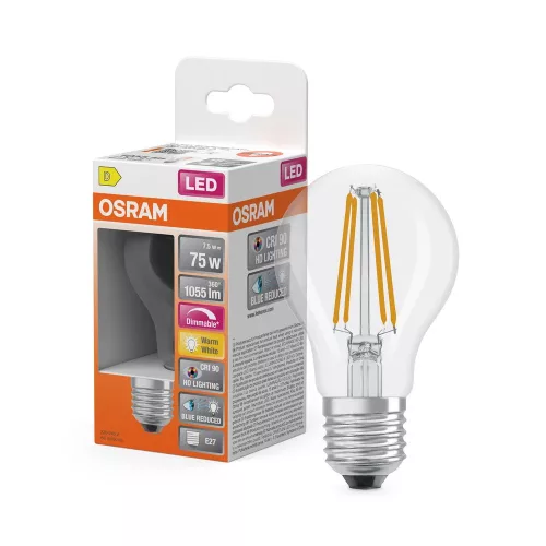 OSRAM Superstar+ dimmelhető LED classic izzó, üveg, E27 foglalat, 7,5W, 1055lm, 2700K, filament