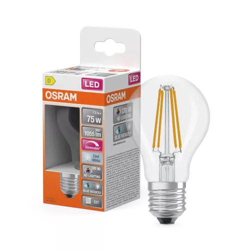OSRAM Superstar+ dimmelhető LED classic izzó, üveg, E27 foglalat, 7,5W, 1055lm, 4000K, filament