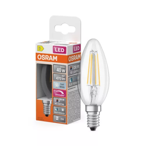 OSRAM Superstar+ dimm. LED izzó gyertya forma, üveg búra, E14, 3,4W, 470lm, 4000K semleges fehér